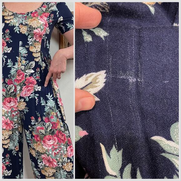 Vintage Floral Rayon Jumpsuit, 1980s Navy & Pink One Piece by Expo, Sz S - Picture 10 of 11